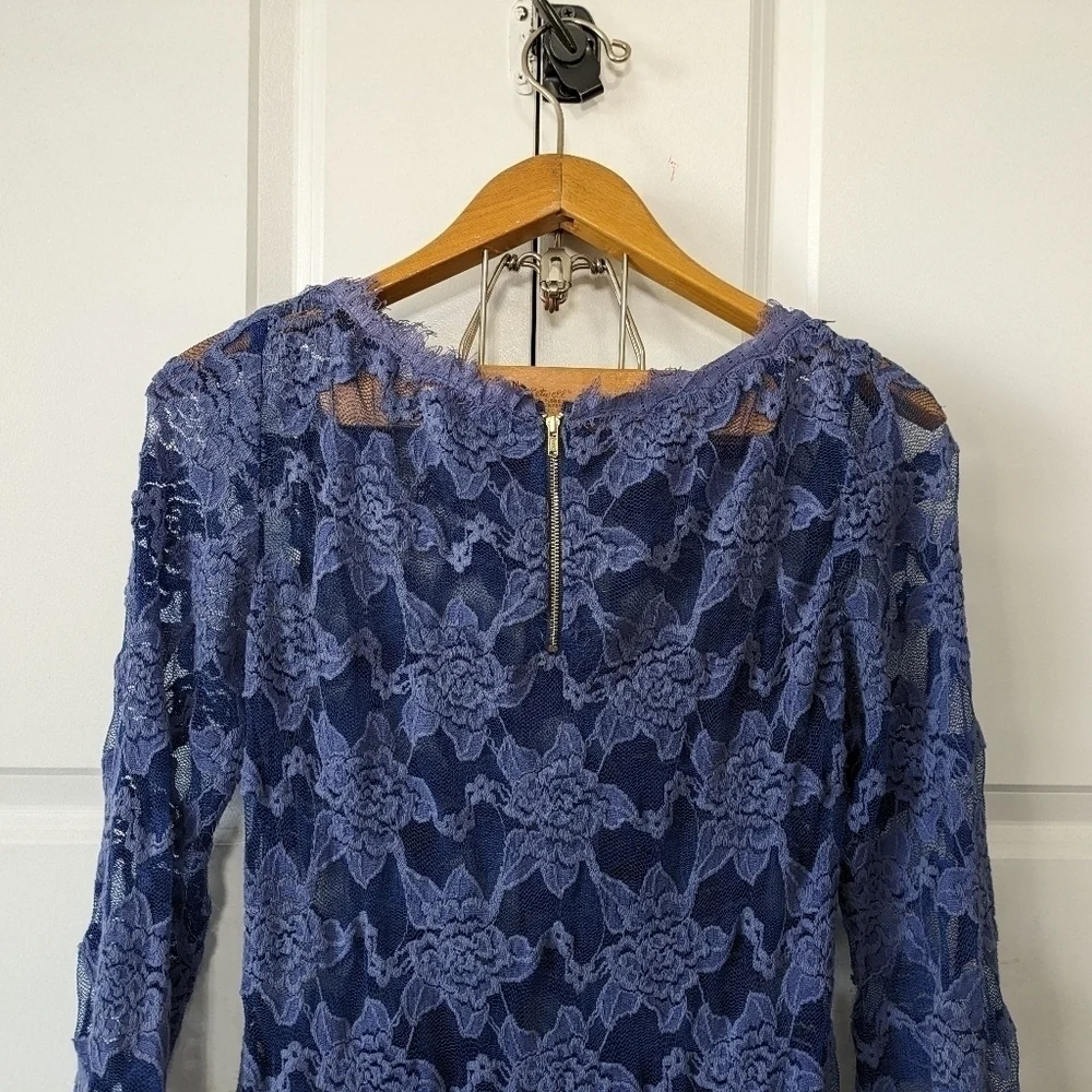 Rebecca Taylor Dress Women's 4 Blue Lace Semi Sheer Long Sleeve Zip Back - Picture 2 of 6